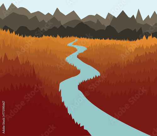 Vector image of mountains and coniferous forest at the foot. A river coming down from the mountains.