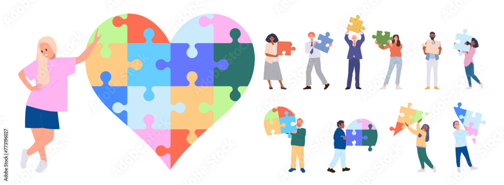 People cartoon characters carrying puzzle pieces to collect love charity symbol or other shape