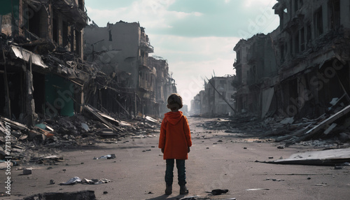 A child stands in the middle of the road in a ruined city. the destroyed city after the airstrike. child victims in the military conflict. innocent victims in military conflicts.