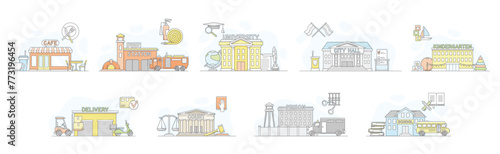 City Municipal Building and Architecture Line Vector Set