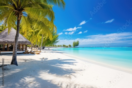 Beautiful tropical beach  with few palm trees and blue lagoon Amazing white beaches of Mauritius island  AI generated