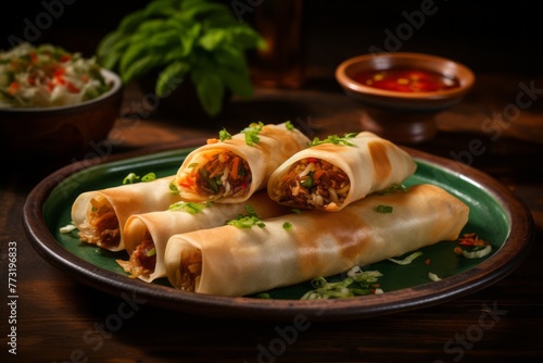 Tasty spring rolls on a rustic plate against a leather background