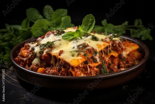 Tasty lasagna in a clay dish against a granite background