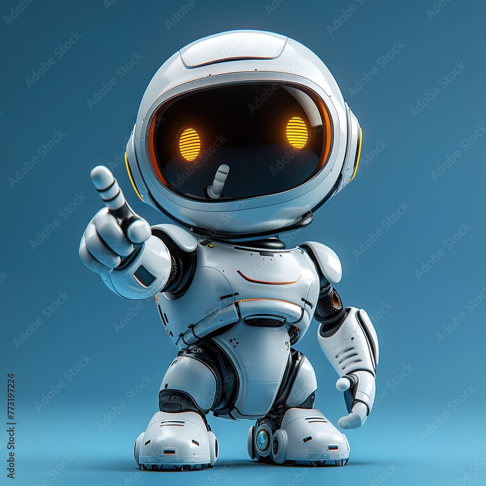 Friendly Mini Robot Pointing Fingers at Copy Space A Perfect Blend of Technology and Cuteness on a Vibrant Blue Background - obrazy, fototapety, plakaty 