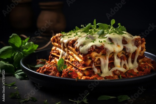 Tasty lasagna in a clay dish against a granite background