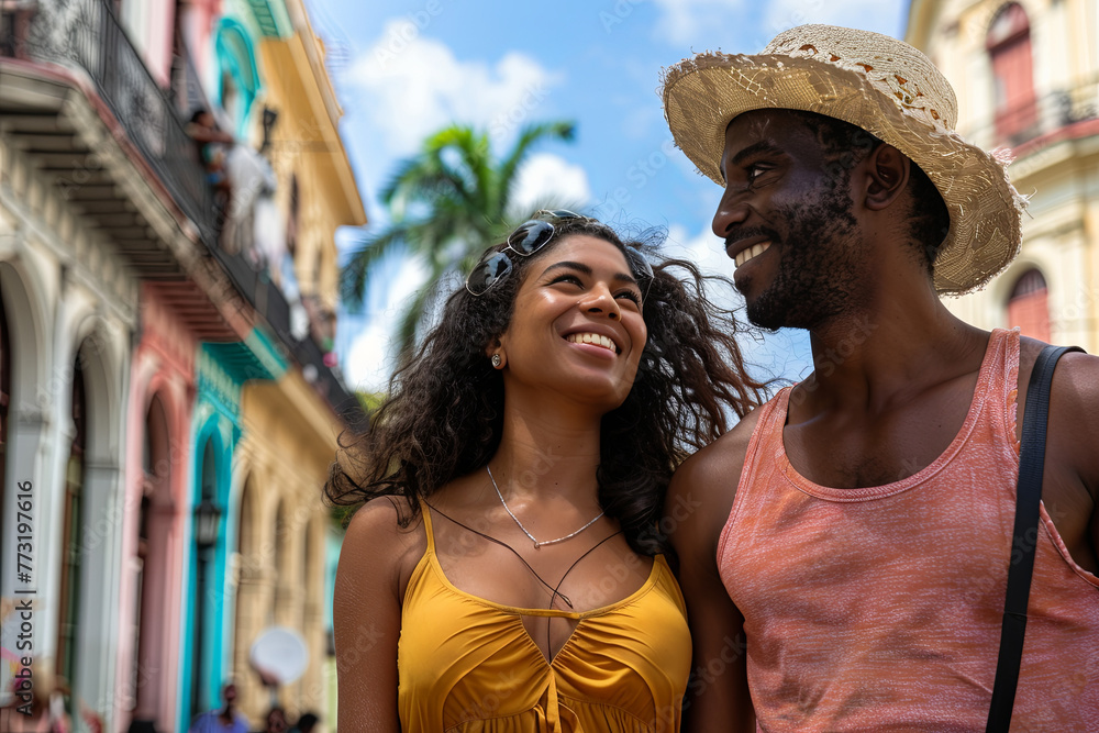 Tourists couple travel in Havana, Cuba panoramic banner. Young interracial happy couple backpacking vacation walking on Plaza de la Catedral, Old Havana