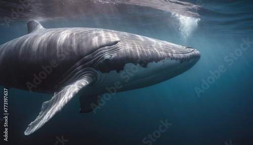 a big blue whale underwater. a whale in the open ocean, the largest mammal in the world. The whale is swimming underwater