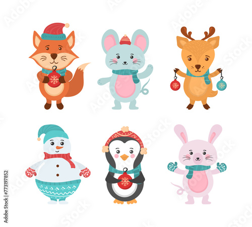 Holidays cartoon character in flat design. Greeting flyers. Hand drawn card  banner with Christmas cute animals and snowmen in Santa Claus hats  sweaters  lights. Vector illustration