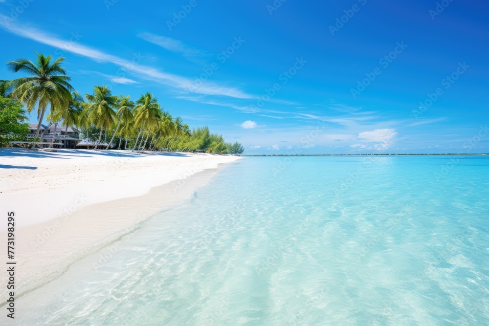 Beautiful tropical beach  with few palm trees and blue lagoon Amazing white beaches of Mauritius island, AI generated