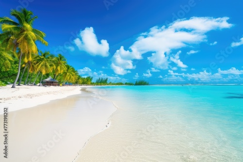 Beautiful tropical beach  with few palm trees and blue lagoon Amazing white beaches of Mauritius island, AI generated © Tanu