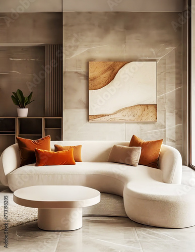 Front facing modern living space with off white couch, table, abstract artwork against a cement wall © Feathering Flower