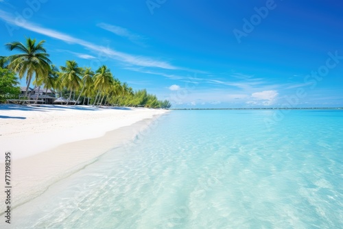 Beautiful tropical beach with few palm trees and blue lagoon Amazing white beaches of Mauritius island, AI generated
