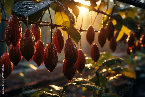 a lush cacao plantation with vibrant pods hanging from the treesCapture the natural beauty and abundance of cacao group pods on the plant trees. photo