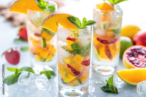 Mojito cocktail with tropical fruits, space for text