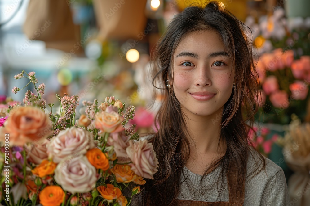 Portrait of a young female florist selling flowers Portrait of a young female florist selling flowers