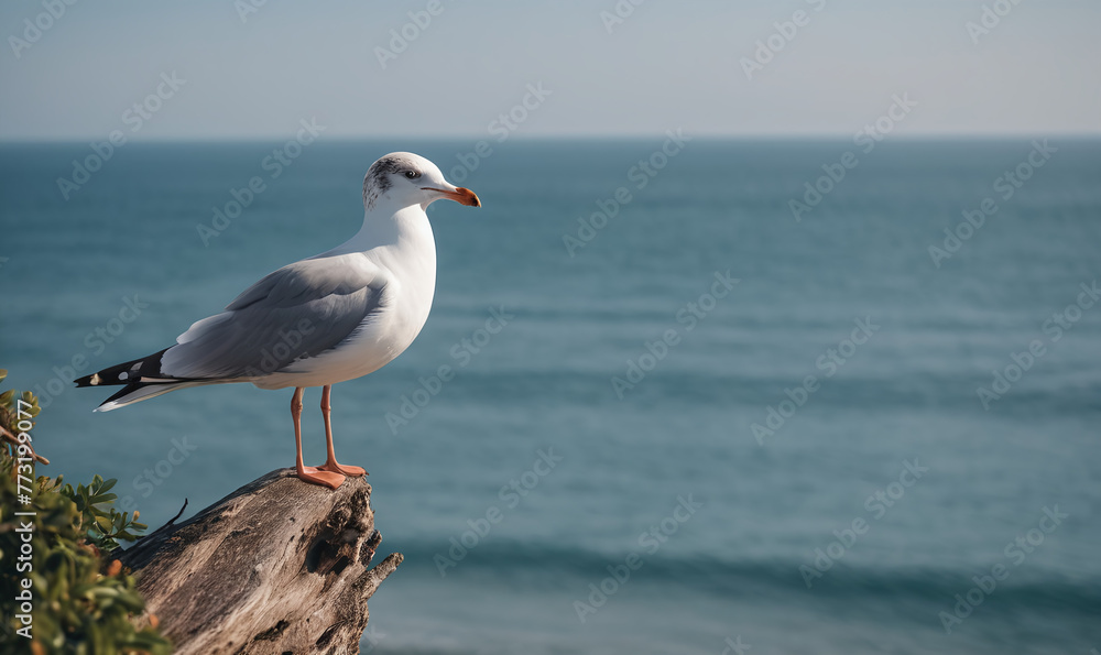A seagull perching on a branch, looking at the tranquil sea A seagull perching on a branch, looking at the tranquil sea