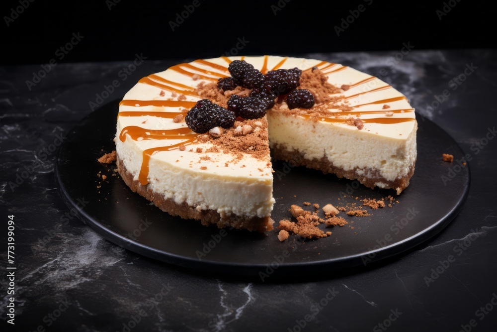 Tempting cheesecake on a metal tray against a granite background Tempting cheesecake on a metal tray against a granite background