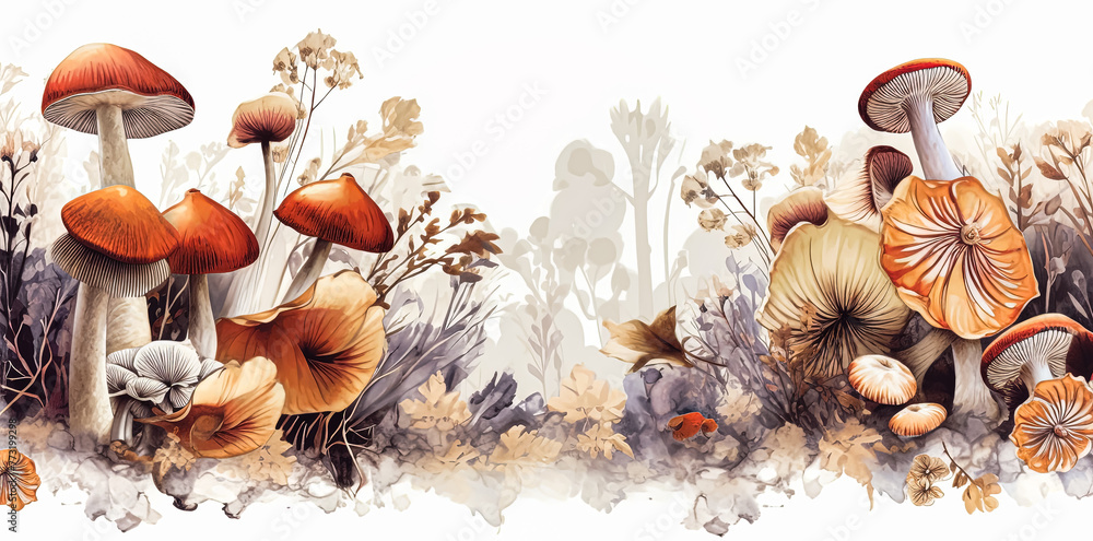Fototapeta premium A row of mushrooms are shown in a field of grass.