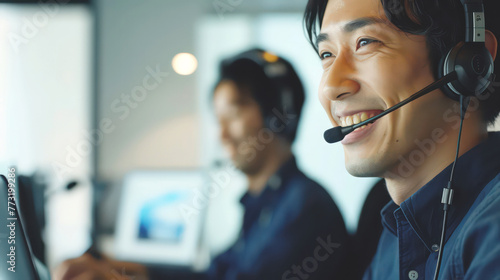 Closeup of handsome man wearing headsets, sitting in front of laptops and smiling while working at an office. professional online customer service smiling and talking to customers.