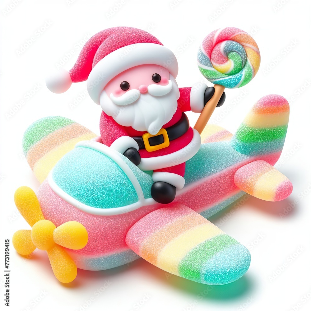 a cute santa riding a airplane made of pastel color rainbow gummy candy on a white background