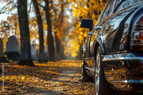 A car with automotive lighting parked on a leafcovered path in a cemetery. Generative AI photo