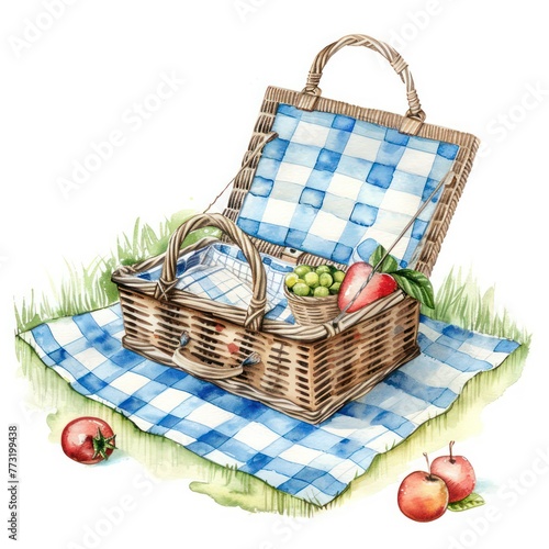 A watercolor clipart of a picnic basket on a gingham blanket summer celebration