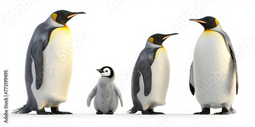 Family of cute emperor penguin takes care of their furry toddlers Three funny emperor penguin stand side by side and turn in different directions   