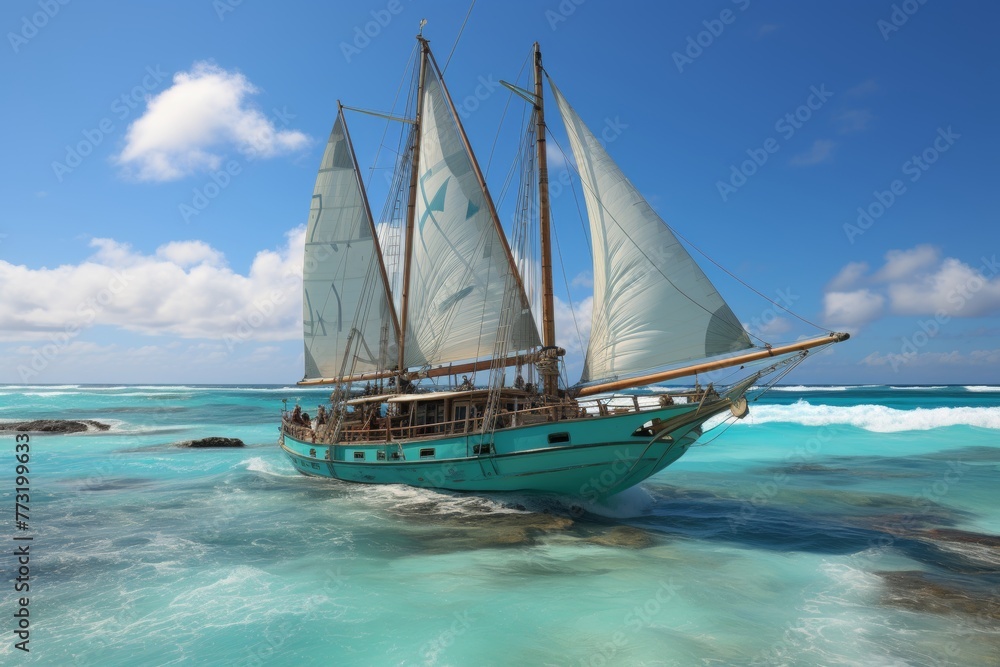 Fototapeta premium A white yacht gracefully sails across the glistening sea on a bright, cloudless day.The camera zooms in on the deck, capturing the bow and billowing sails as they cut through the waves