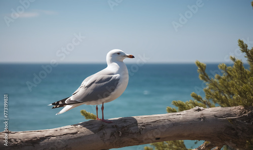 A seagull perching on a branch  looking at the tranquil sea