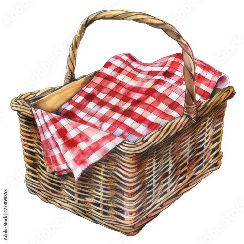 A picnic basket with a red and white checkered cloth watercolor clipart