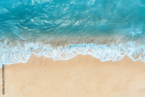 Aqua fluid crashing onto sandy beach in wind wave pattern. Generative AI