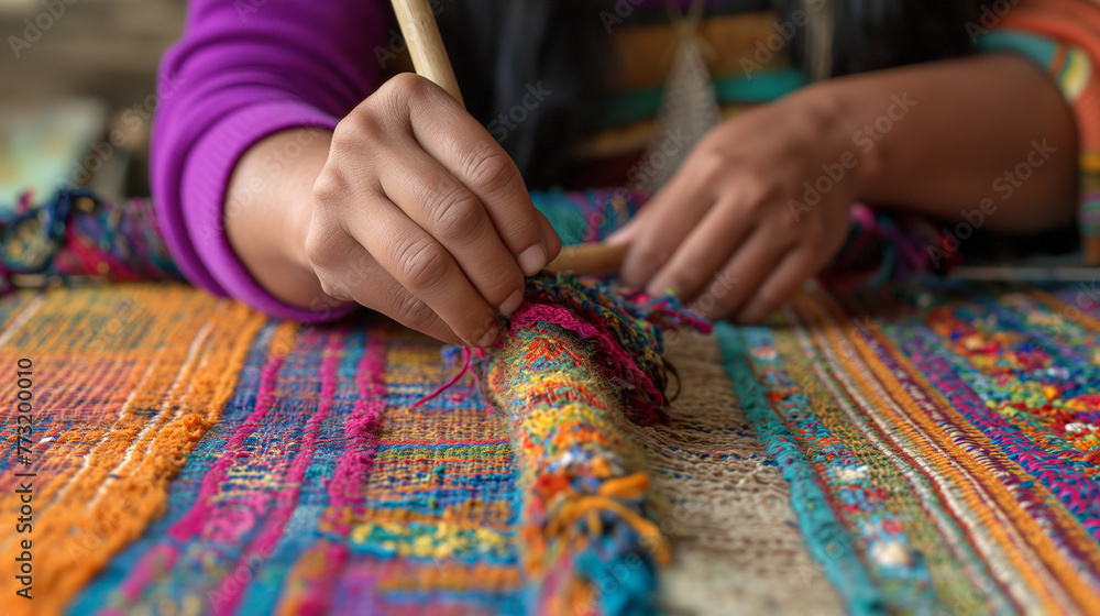 Close-up of hands weaving colorful textile on a loom. Artisan craft and traditional handiwork concept. Close-up of hands weaving colorful textile on a loom. Artisan craft and traditional handiwork concept.