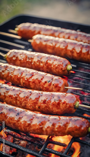 Juicy grilled sausages cooking on a barbecue grill over flames.