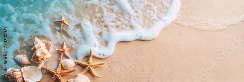Seashells and starfish on sandy beach with crashing waves. Generative AI © Eugen