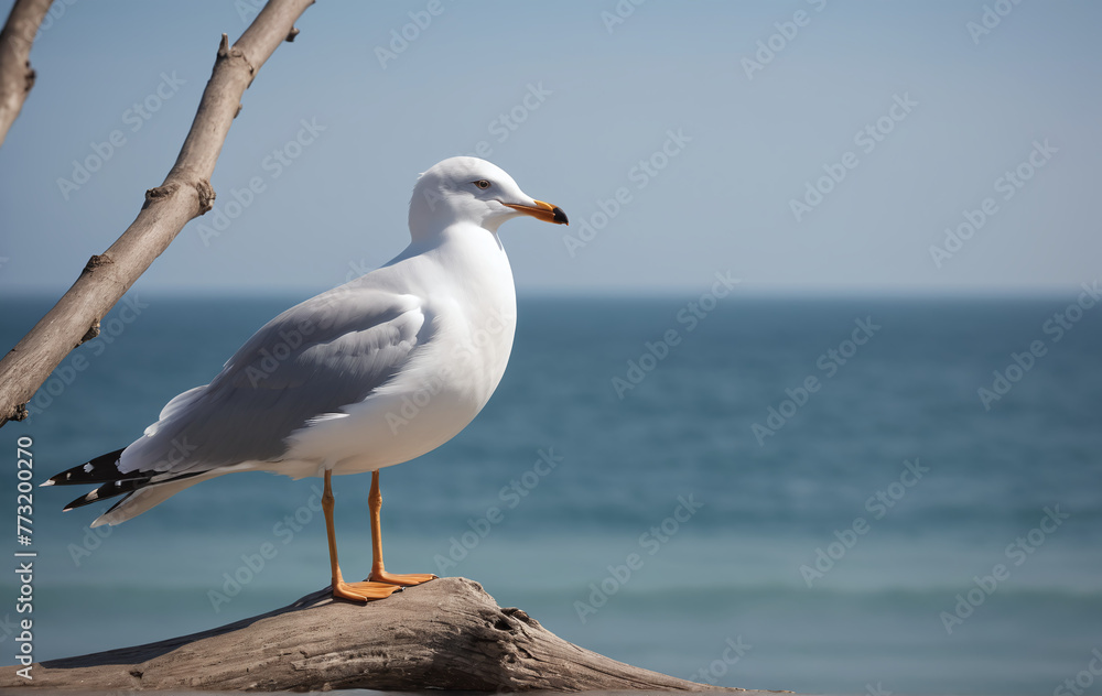 A seagull perching on a branch, looking at the tranquil sea A seagull perching on a branch, looking at the tranquil sea