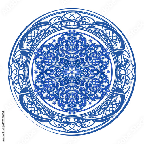Vector decorative circular pattern in yellowish, navy blue and white design with frame or border. Baroque Vector mosaic. 