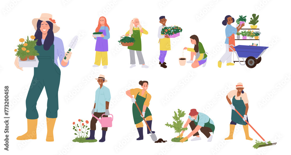 Happy people cartoon characters set gardening growing houseplants and planting orchard trees