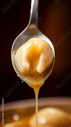Stainless steel spoon drizzling honey or syrup onto food  © Creative Universe