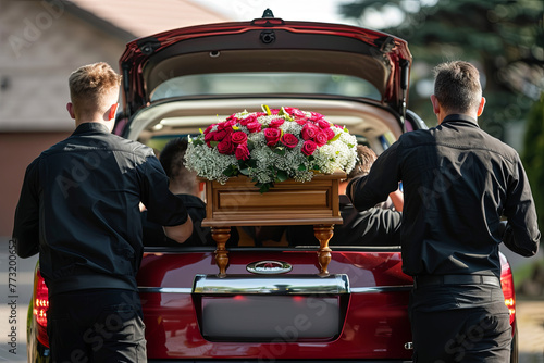 Bearers are carrying a coffin in a mourning car photo