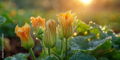 Organic zucchini flowers bloom in the garden, their vibrant petals opening under the soft early morning light, captured in a close-up shot.