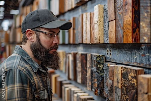 Man selecting laminate wood samples in a hardware store
