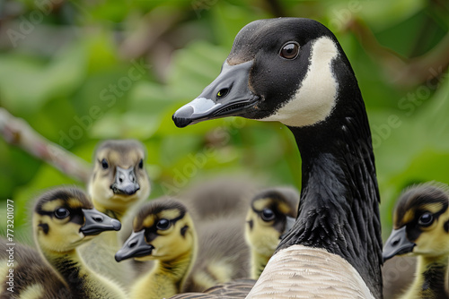Canada goose with several young goslings photo