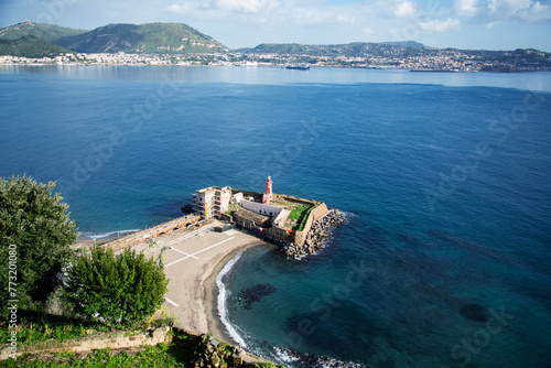 Baia, Naples,, Italy. Lighthouse beach from the terrace of the Aragonese castle photo