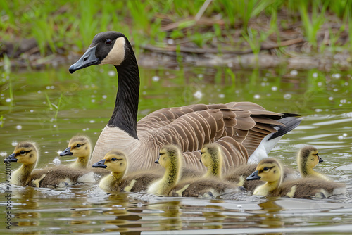 Canada goose with several young goslings photo