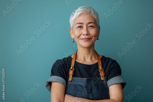 Mature woman with gray hair and confident smile in blue apron on turquoise background