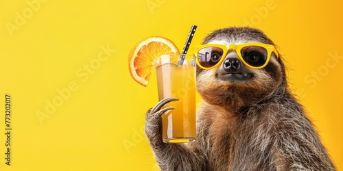 A yellow sloth in sunglasses holds a glass of orange juice. Copy Space . Generative AI