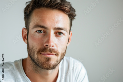 Closeup portrait of a handsome beautiful model man with white t-shirte and flat lay white background