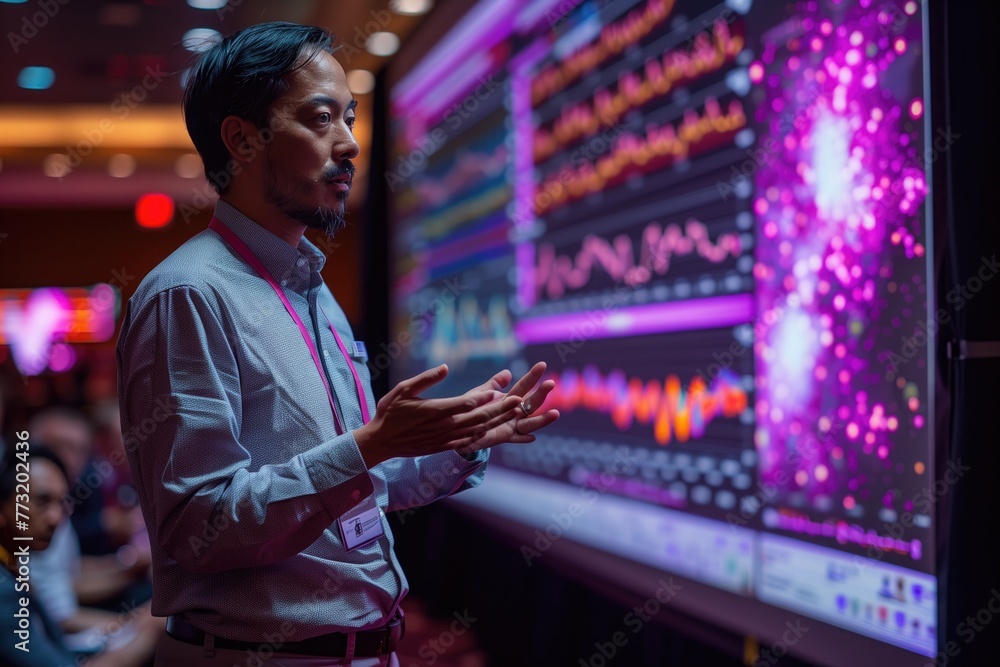 A speaker is shown delivering a presentation on AI and big data visualization to an engaged audience, with vibrant visual aids and graphics projected A speaker is shown delivering a presentation on AI and big data visualization to an engaged audience, with vibrant visual aids and graphics projected