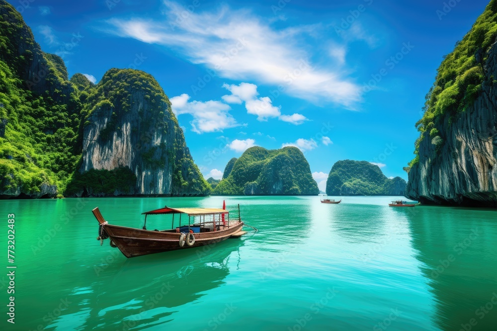 Tropical island  Long bay  Asia Amazed nature scenic landscape of James Bond Island with a boat for a traveler, Ai generated