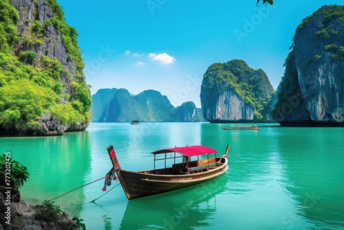 Tropical island  Long bay  Asia Amazed nature scenic landscape of James Bond Island with a boat for a traveler, Ai generated © Tanu